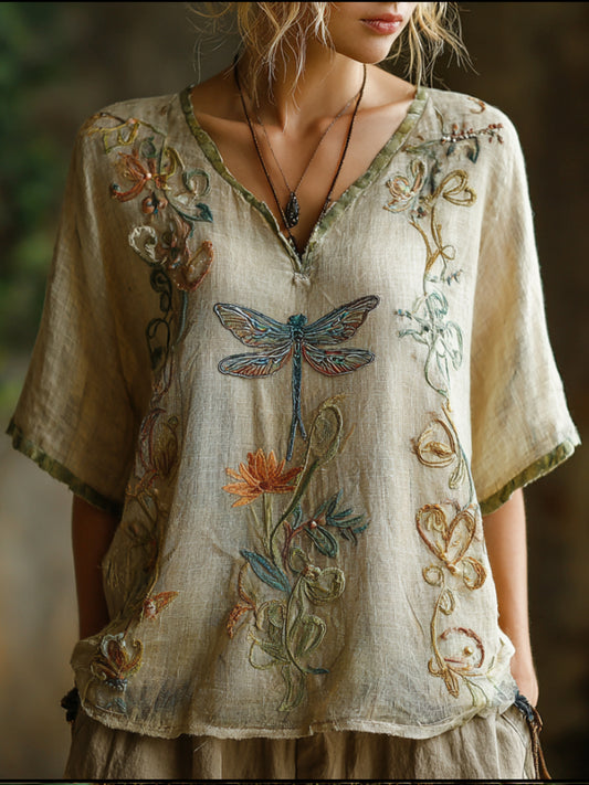 Bohemian Dragonfly Vine Pattern Vintage V-neck Short-sleeved T-shirt artswardrobe