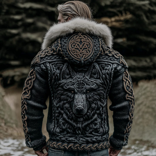 Men's Viking Wolf Celtic Knot Knit Fuzzy Hooded Zipper Cardigan artswardrobe
