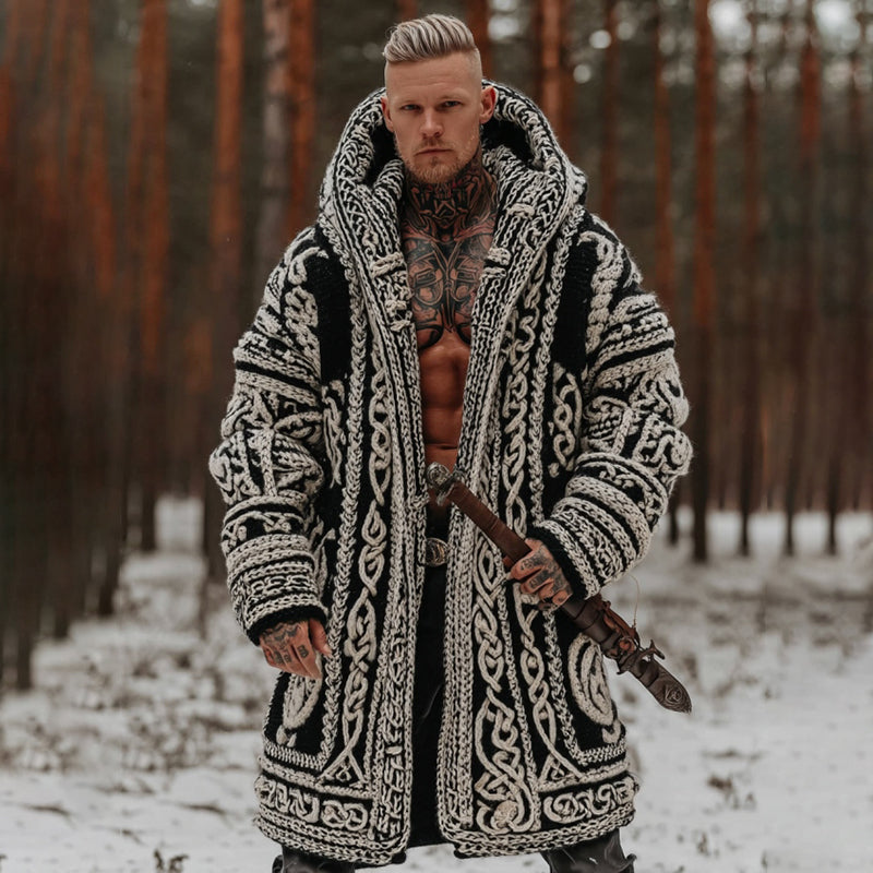 Men's Viking Celtic Knot Contrast Jacquard Cozy Midi Cardigan Sweater artswardrobe