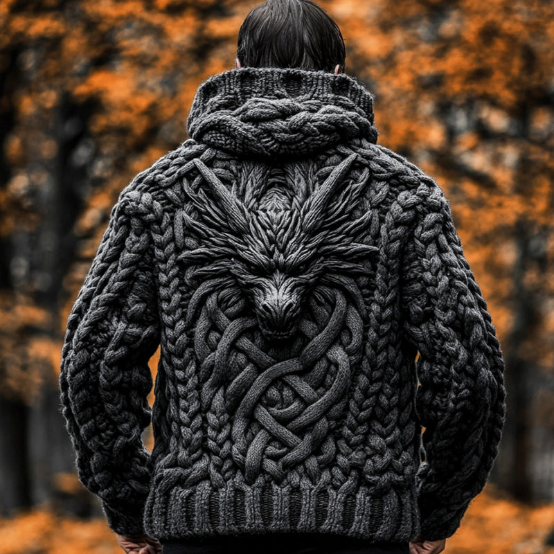 Men's Viking Dragon Totem Chunky Knit Hooded Cardigan artswardrobe