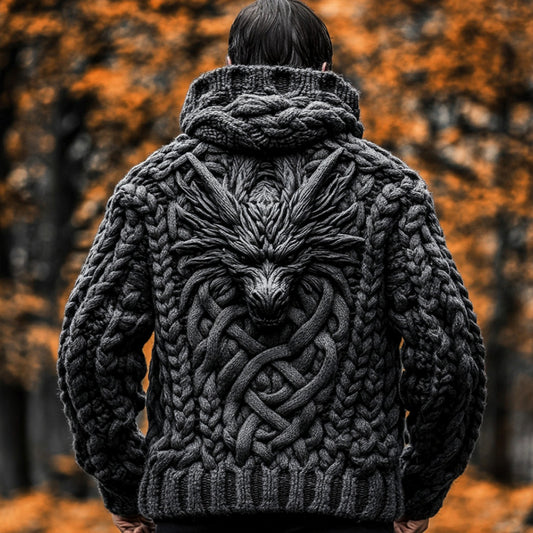 Men's Viking Dragon Totem Chunky Knit Hooded Cardigan artswardrobe