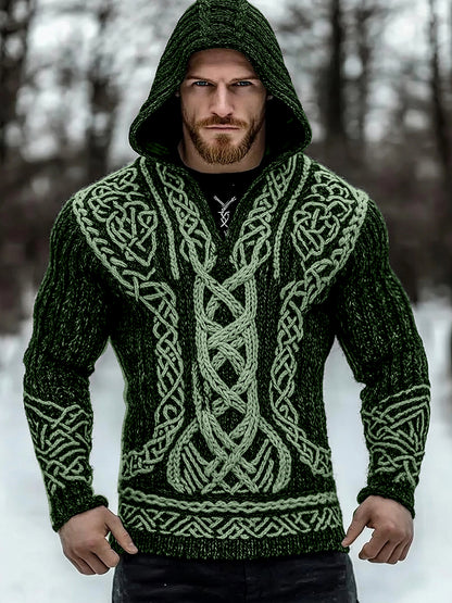 Men's Viking Tribal Jacquard Inspired Celtic Hooded Sweater artswardrobe