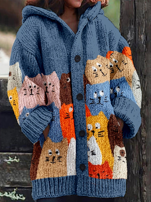 Crowded Cats Art Cozy Knit Hooded Cardigan elevenforest