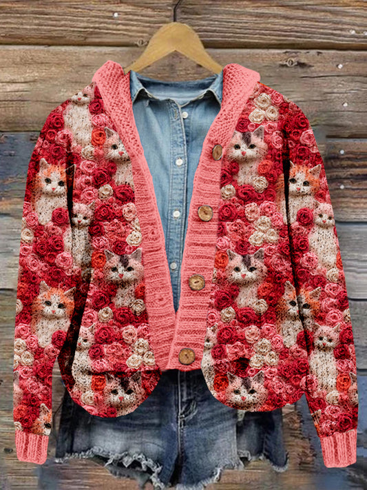 Comstylish Lovely Cats And Roses Embroidered Cozy Cardigan