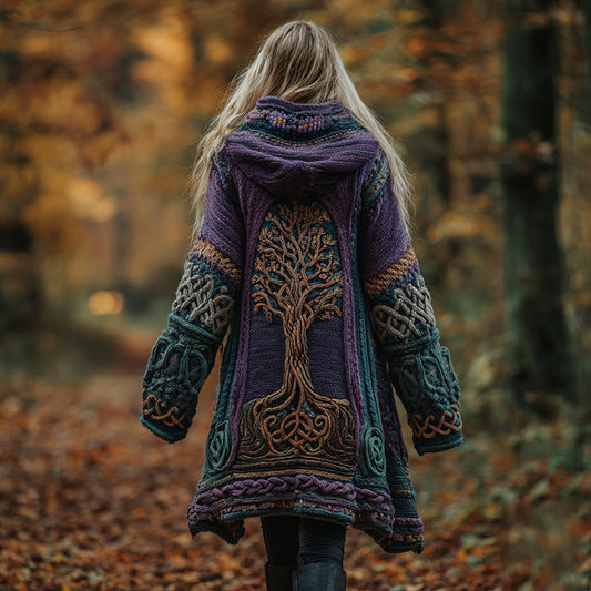 Vintage Tree Of Life Symbol Contrast Color Comfortable Chunky Hooded Cardigan Sweater elevenforest