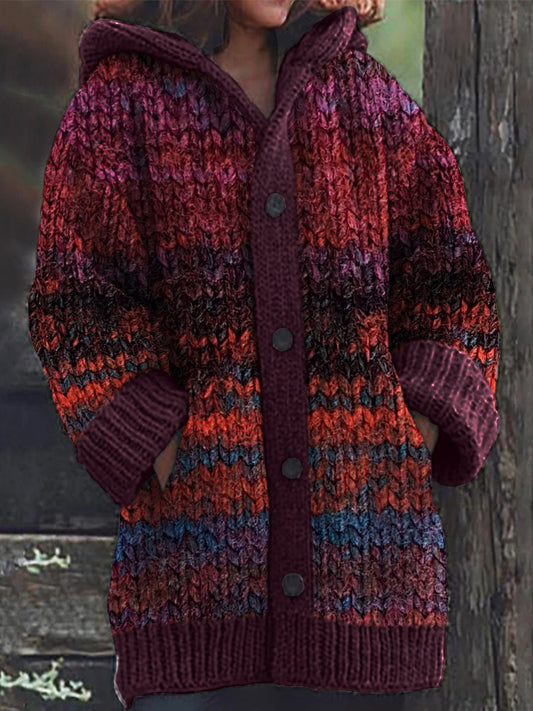 Vintage Colorful Chunky Knit Cozy Hooded Cardigan elevenforest