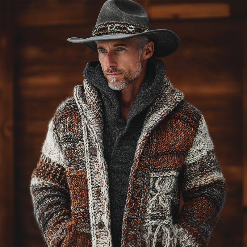 Men's Vintage Western Colorblock Celtic Knit Hooded Cardigan artswardrobe