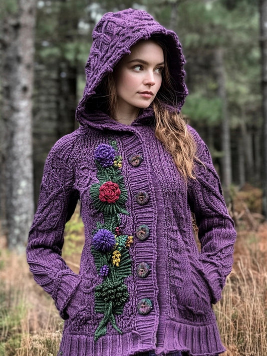 Scottish Thistle Knit Floral Women's Hooded Sweater Long Cardigan elevenforest