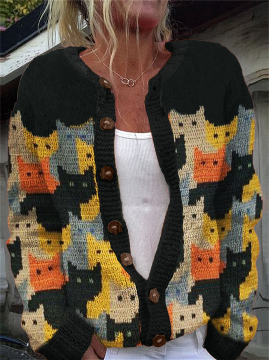 Colorful Crowded Cats Knit Art Cozy Cardigan elevenforest