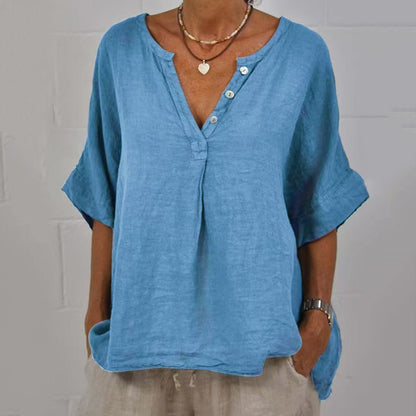 Comstylish Women's Solid Color Button Linen V-neck Shirt