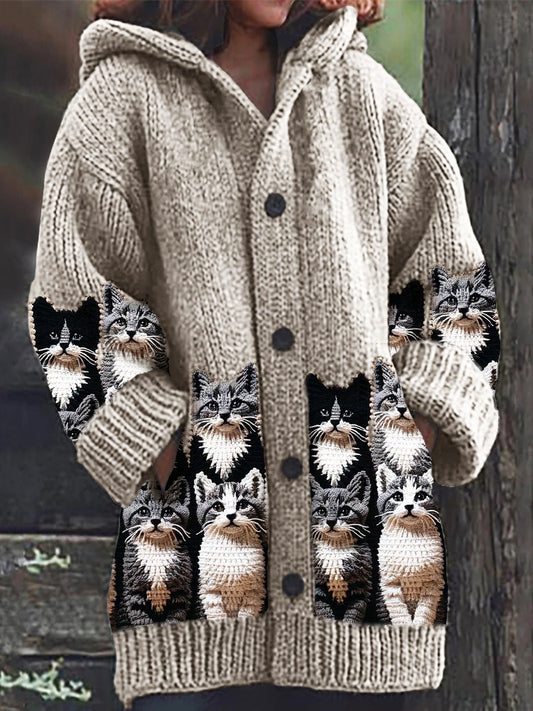 Crowded Cats Crochet Art Cozy Knit Hooded Cardigan elevenforest