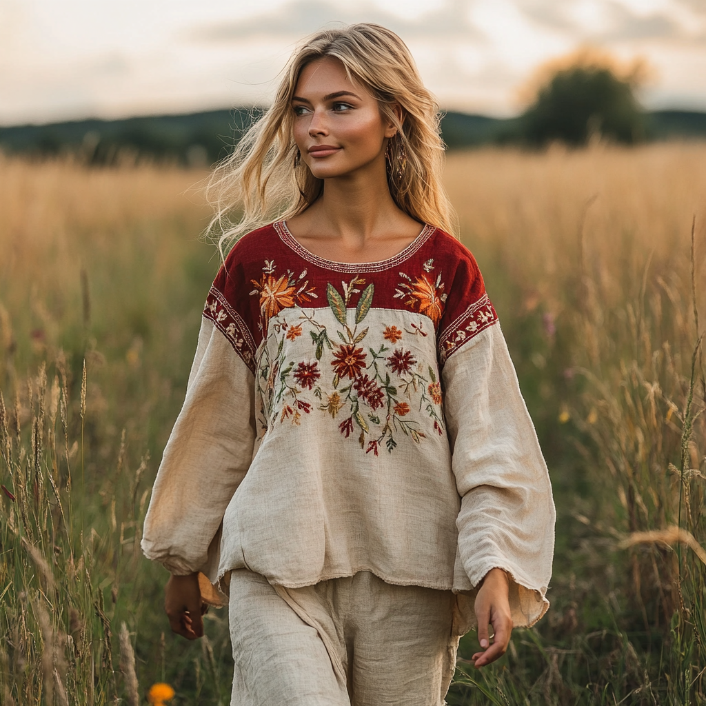 Retro Bohemian Floral Embroidery Art  Linen Blend Loose Blouse artswardrobe