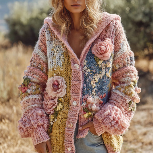 Women's Vintage Floral Chunky Knit Warm Hooded Cardigan Sweater elevenforest