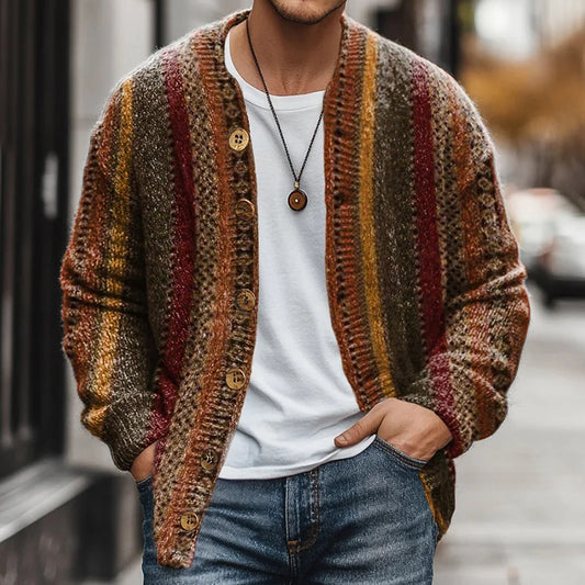 Retro Colorful Ethnic Vertical Stripes Button Cardigan Sweater elevenforest