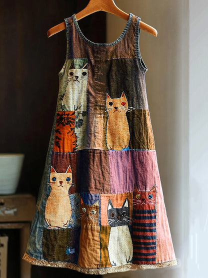 Comstylish Casual Pop Art Patchwork Denim Cat Dress