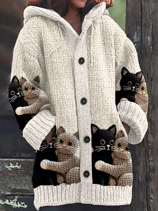 Comstylish Cat Hug Crochet Art Women's Sweater Hooded Cardigan