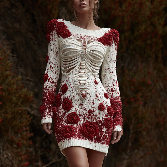 Comstylish Bloody Skeleton Roses Embroidered Cozy Sweater Dress