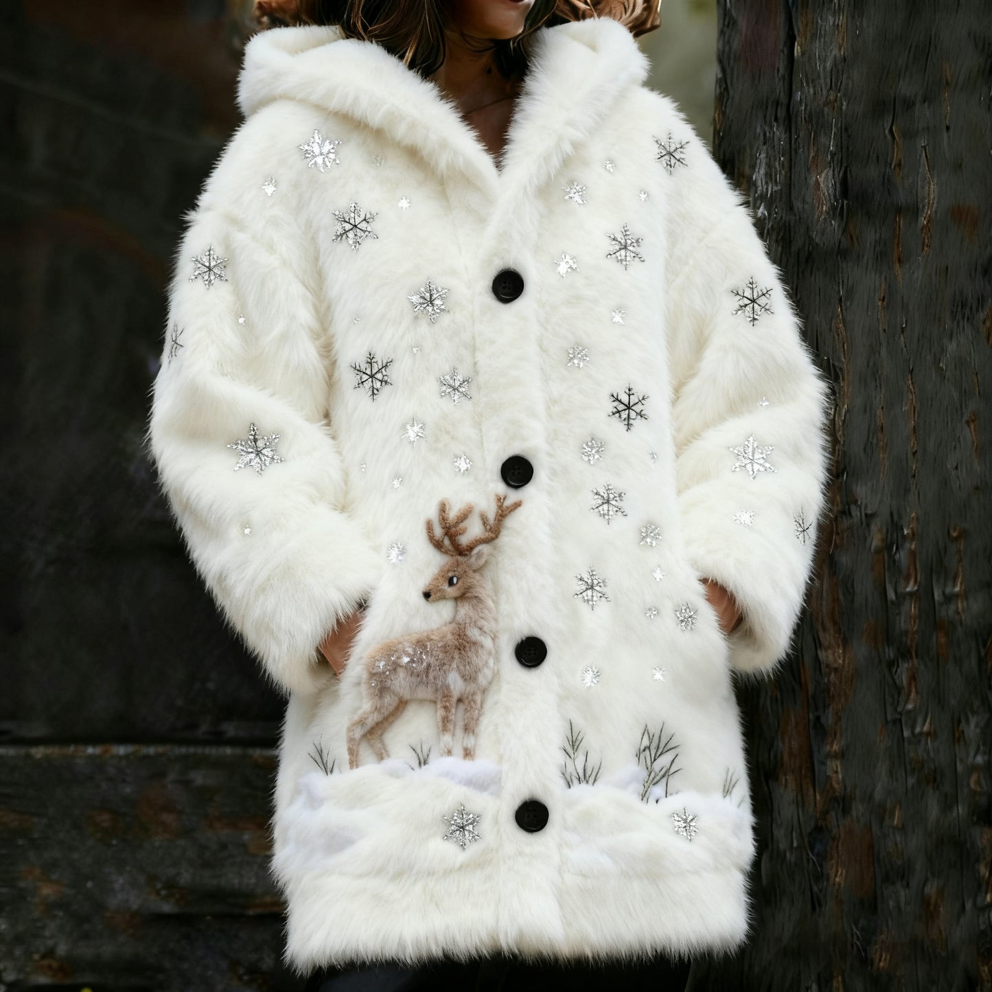Women's Cute Elk In Snowflake Sequins  Cozy Hooded Knit Cardigan