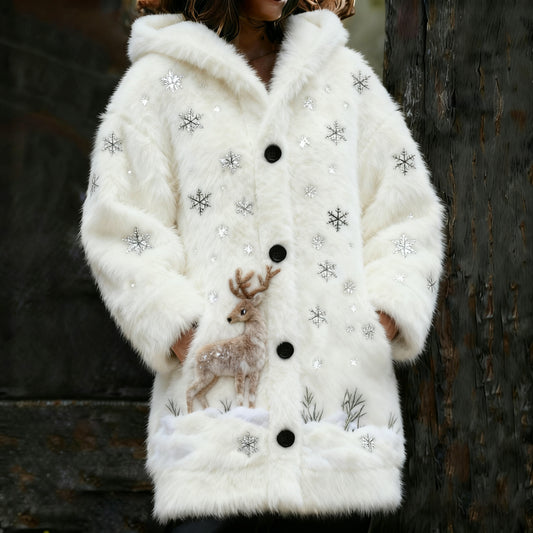 Women's Cute Elk In Snowflake Sequins  Cozy Hooded Knit Cardigan