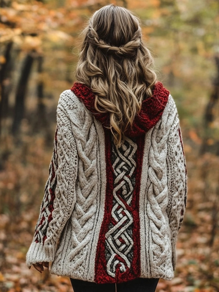Classic Celtic Jacquard Contrast Color Cozy Chunky Hooded Cardigan elevenforest