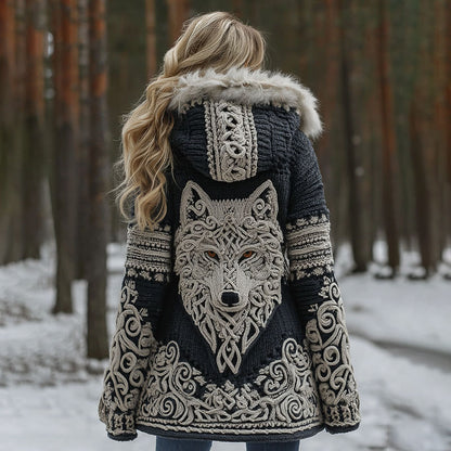 Women Viking Wolf Celtic Knot Art Cozy Fur Collar Hooded Cardigan artswardrobe
