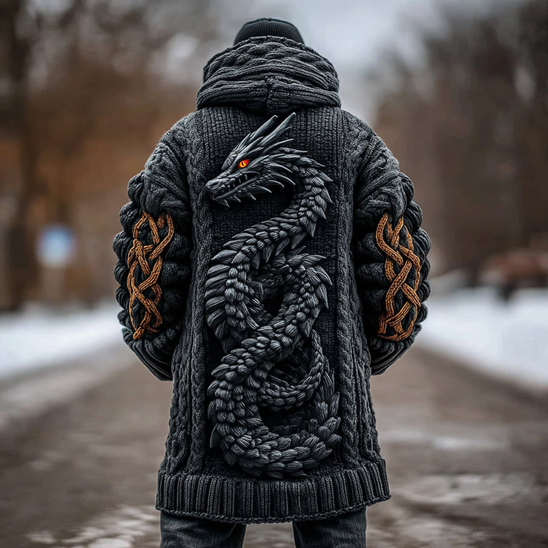 Men's Viking Celtic Dragon Knit Long Cardigan Sweater artswardrobe