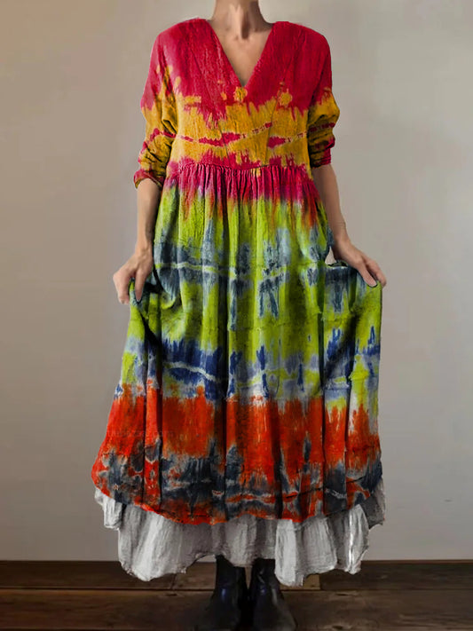Women's Tie-Dye Colorblocked Pattern Art Print V-Neck Button Pocket Co