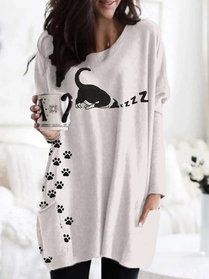 Comstylish Cute Sleeping Cat Embroidered Comfy Tunic