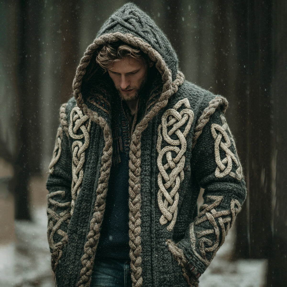 Men's Viking Intricate Celtic Knot Pocket Mid-length Cardigan Sweater artswardrobe