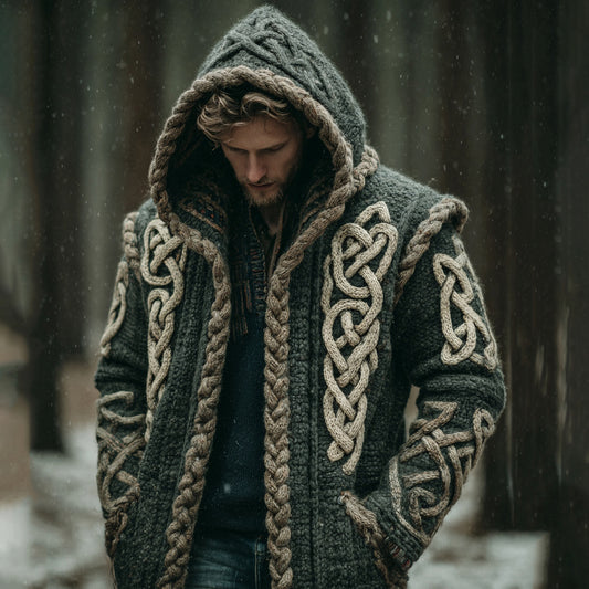 Men's Viking Intricate Celtic Knot Pocket Mid-length Cardigan Sweater artswardrobe