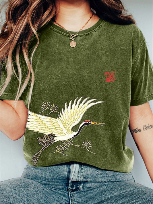 Comstylish Flying Crane & Pine Trees Japanese Art Vintage T Shirt