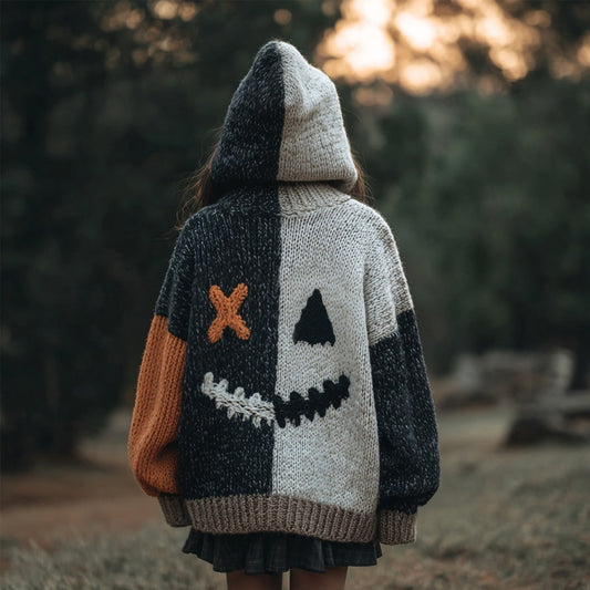 Vintage Halloween Spooky Face Contrast Color Knitted Hooded Cardigan elevenforest