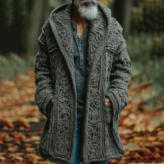 Men's Vintage Celtic Knot Jacquard Midi Hooded Sweater Cardigan elevenforest