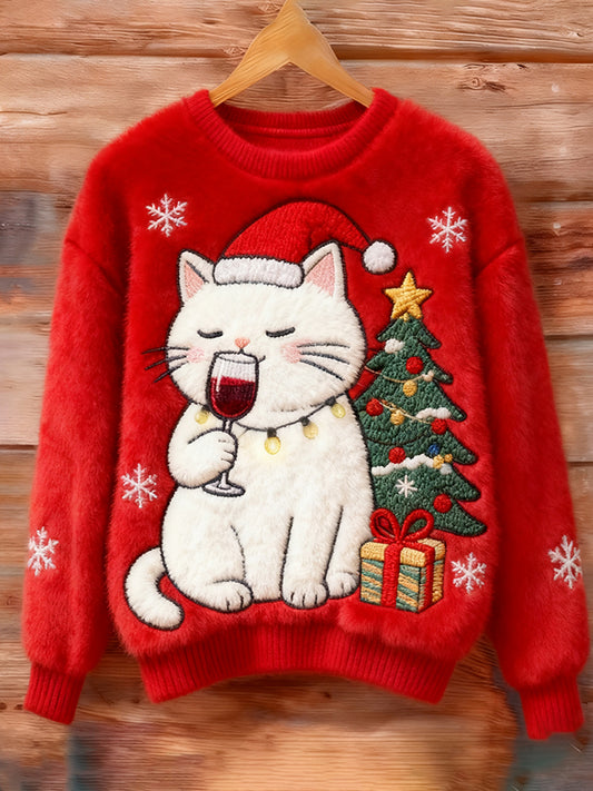 Christmas Wine Tasting Cat Embroidered Sweater elevenforest