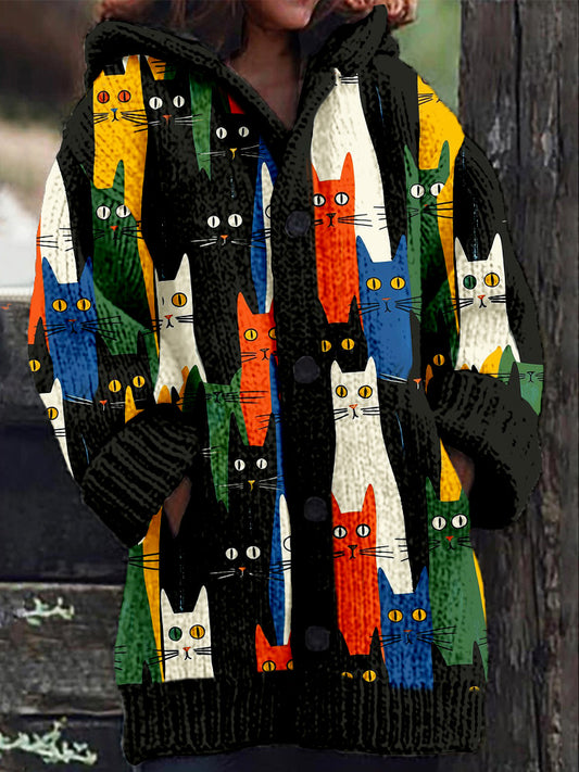 Colorful Cats Pattern Cozy Hooded Cardigan elevenforest