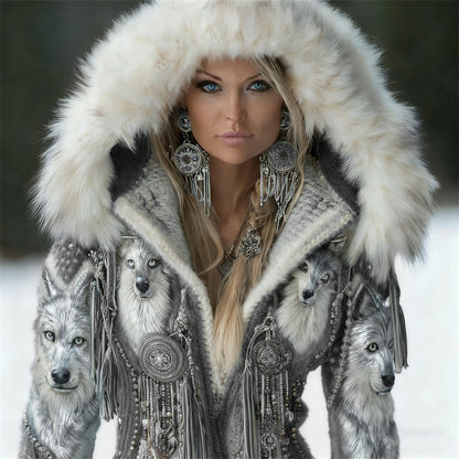 Vintage Western Wolf Turquoise Beaded Tassels Fur Trim Hooded Cardigan artswardrobe