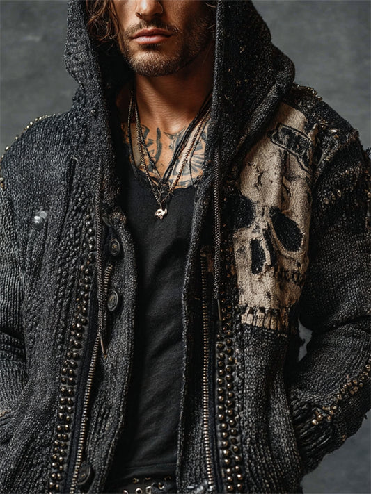 Men's Rock Style Skull Studded Knit Hooded Cardigan elevenforest