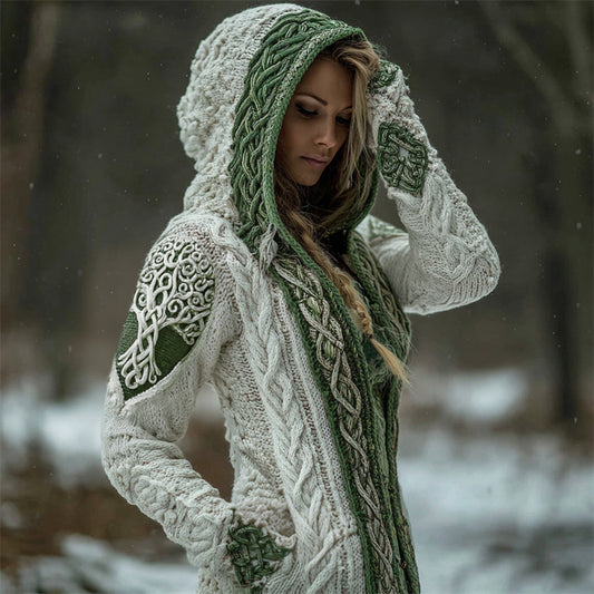 Vintage Viking Tree Of Life Celtic Contrast Hooded Chunky Cardigan artswardrobe