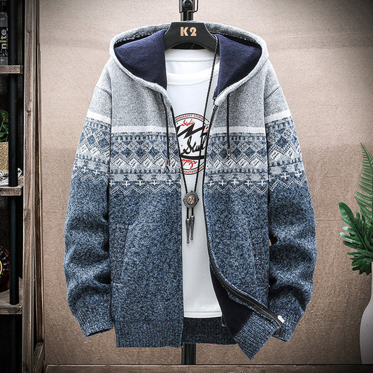 Men's Vintage Knitted Pattern Hooded Cardigan Sweater elevenforest