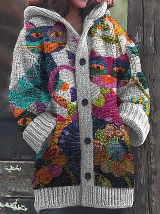 Colorful Cats Pattern Cozy Hooded Cardigan elevenforest