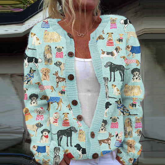 Comstylish Cute Dog Print Long Sleeve Casual Knitted Cardigan