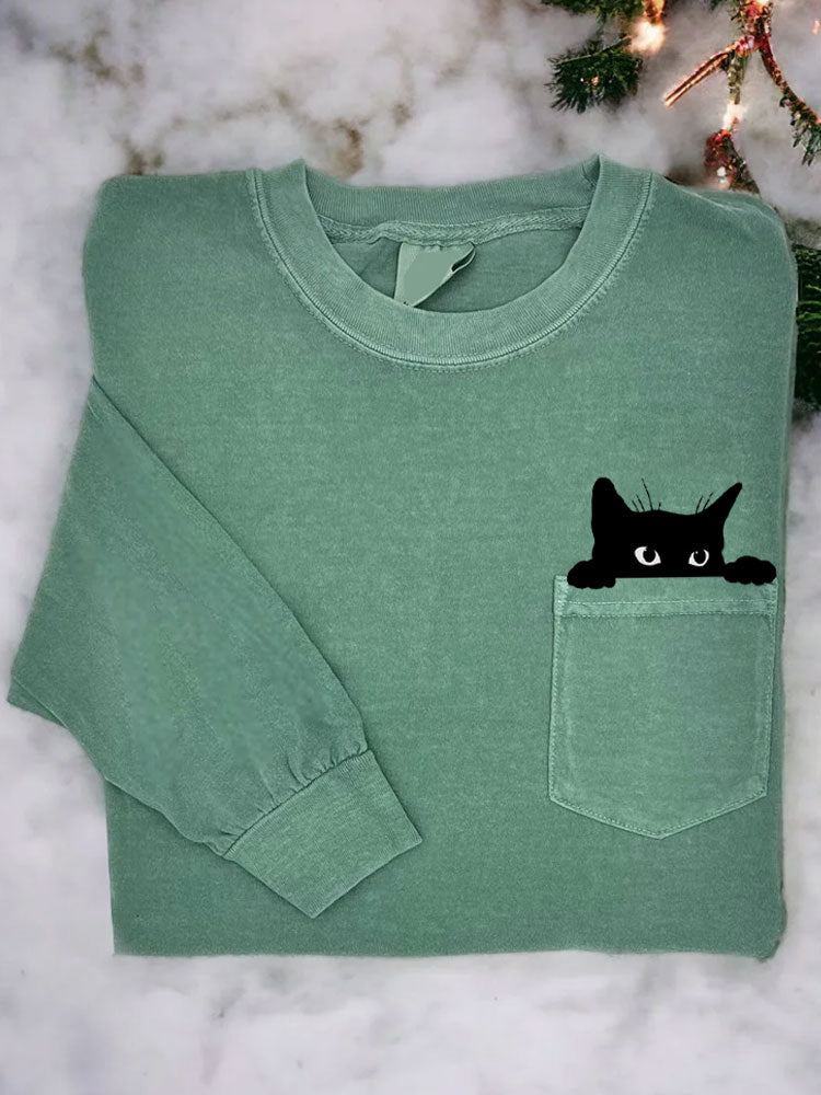 Women's Casual Funny Black Cat Print T-Shirt elevenforest