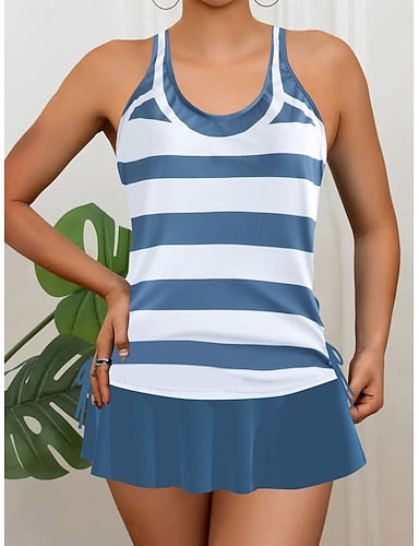 Independence Day Patrioticwomen's Tankini 2 Piece Swimsuit Skirt Tummy Control High Waist Slim Backless Vacation Beach Wear Flag Stripe U Neck Sleeveless Bathing Suits