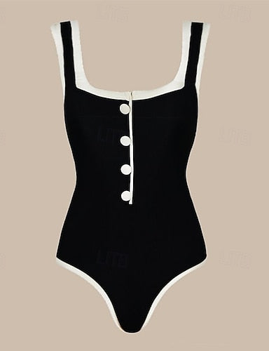 One Piece Swimsuit Open Back Swimwear Patchwork Swimwear Black White Breathable Quick Dry Sleeveless - Swimming Surfing Snorkeling Summer