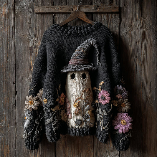 Comstylish Halloween Lovely Ghost Floral Crochet Cozy Knit Sweater