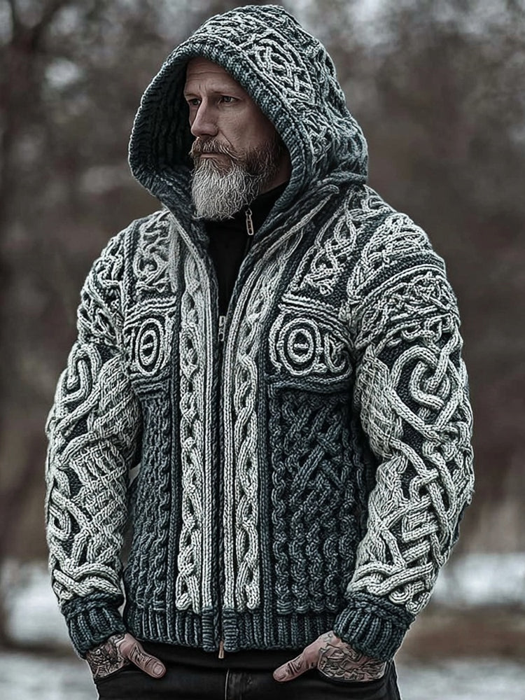 Men's Viking Inspired Celtic Zip Up Knit Hooded Cardigan artswardrobe