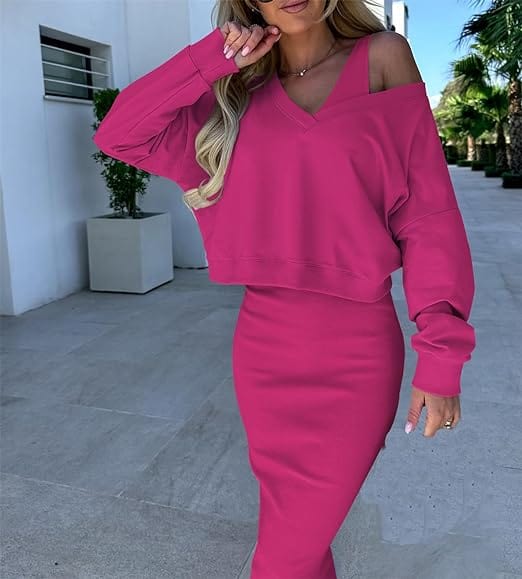 CM | Conjunto de jersey suelto con cuello de pico y falda de punto con corte entallado en las caderas