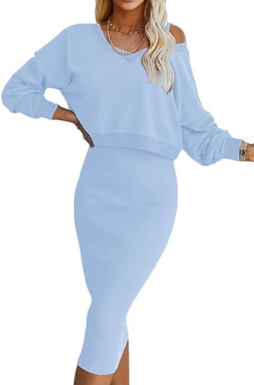 CM | Conjunto de jersey suelto con cuello de pico y falda de punto con corte entallado en las caderas