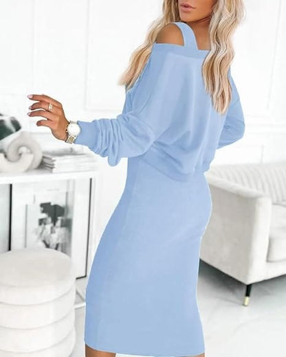 CM | Conjunto de jersey suelto con cuello de pico y falda de punto con corte entallado en las caderas