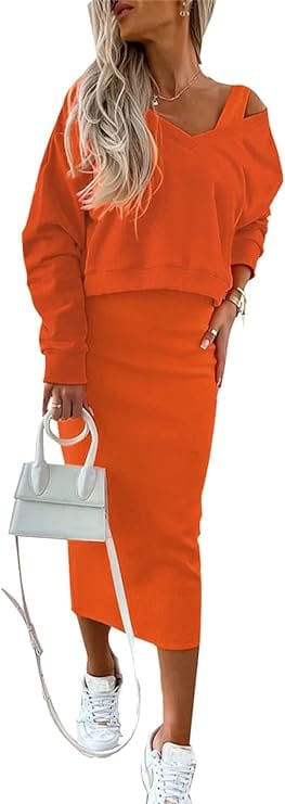 CM | Conjunto de jersey suelto con cuello de pico y falda de punto con corte entallado en las caderas